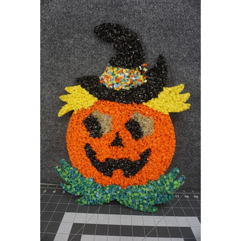 Melted Plastic Popcorn Halloween Pumpkin Wall Hanging 17x12 Vintage Clear Eyes